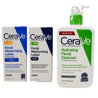 CeraVe Daily Skincare Facial Bundle - Hydrating Facial Cleanser (16 oz), AM Facial Moisturizing Lotion with Sunscreen (2 oz), and PM Facial Moisturizing Lotion (2 oz)
