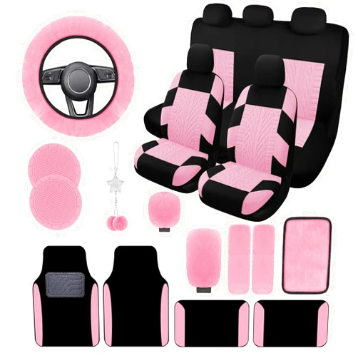 JINGSEN 21 Pcs Car Seat Covers Full Set for Women,Car Seat Covers for Car Floor Mats,3D Tyre Print with 5mm Composite Sponge Automotive Interior Universal Car Seat Cover,Accessories Full SUV(Pink)