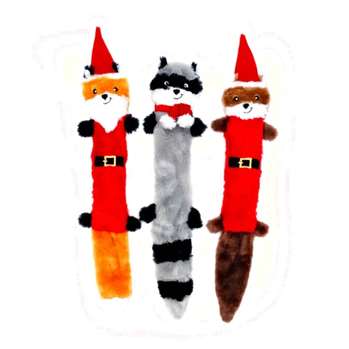 ZippyPaws Christmas Skinny Peltz Dog Toys - Stuffed Animals for Small & Medium Puppies, Plush Interactive Squeakers, Stocking Stuffer Gifts for Pets - Santa Fox, Raccoon, & Elf Squirrel