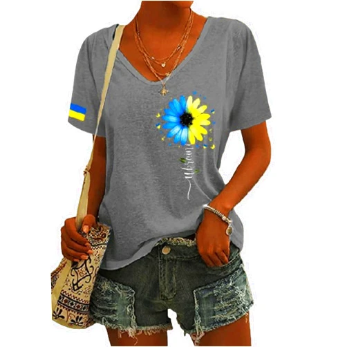 CIVIZIPET I Support Ukraine Sunflower Flag Shirt V Neck Stand with Ukraine Tshirt