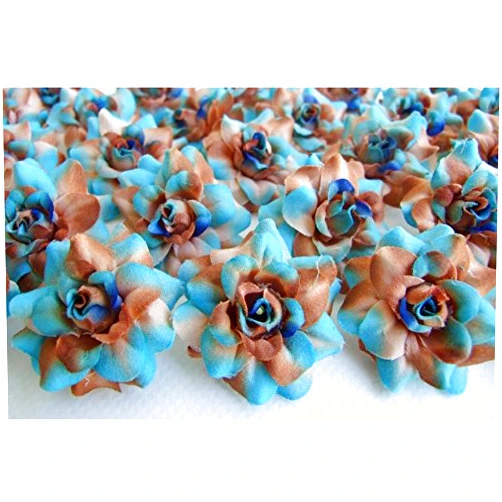 SilkHead_RoseFlower (50) Silk Soft Blue Brown Roses Flower Head - 1.75
