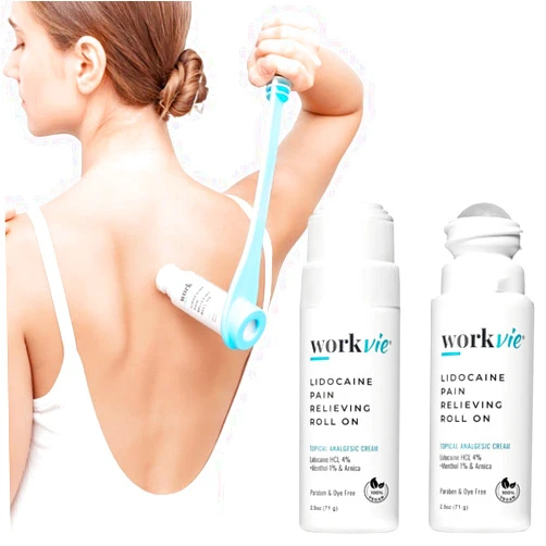 Workvie Lidocaine Pain Relief Roll On 2 Pack & Easy Reach Applicator Tool – Fast Acting Topical Lidocaine Maximum Strength with Arnica Montana & Aloe Vera for Muscles, Joints, Back, Neck & Feet 3