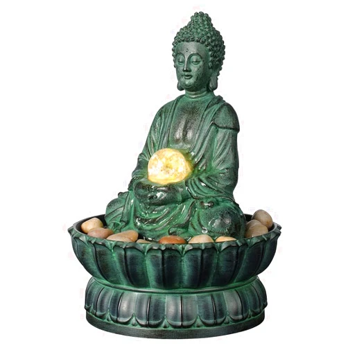 Haobos Indoor Tabletop Fountain Buddha Exquisite Sitting Meditation Statue, Desk-Top Water Fountain Decorative Zen Fountain w/Glass Rolling Ball/LED/Stone for Office/Home/feng Shui Decor 9.4