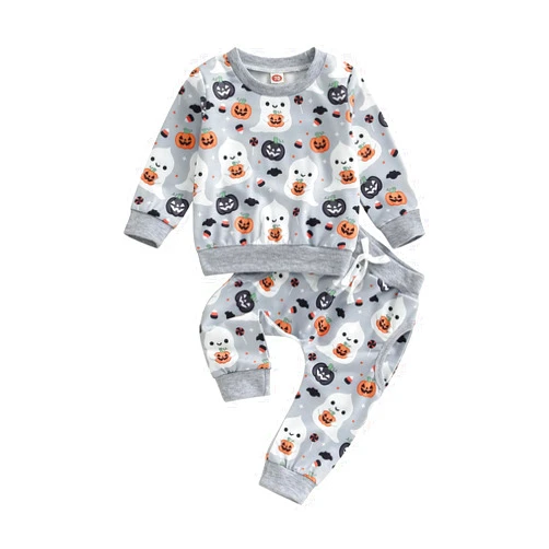 YINGISFITM Baby Girl Boy Halloween Outfits Bumpkin Spook Crewneck Sweatshirt Top Pants Set Toddler Neutral Fall Winter Clothes (Gray, 12-18 Months)