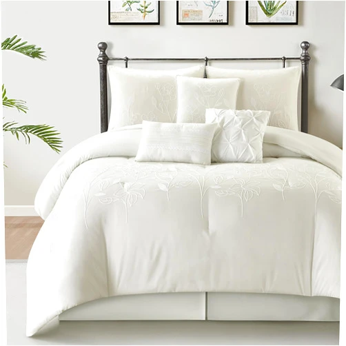 LANCO MODERN LIFESTYLE Beige King Comforter Set, Chain Stiching 3D Floral Embroidery, Exquisite and Elegant Bedding Sets, 7 Pieces Bed in a Bag, Bedskirt, Pillow Shams and Decor Pillows