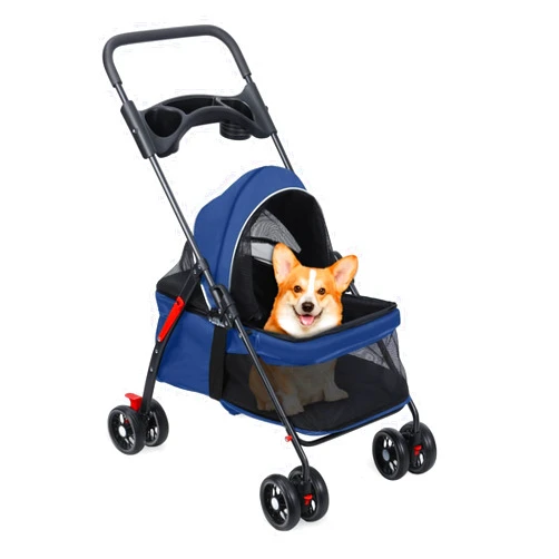 RRXIMHTT Pet Stroller,Lightweight Foldable Jogger Stroller,for Small Medium Dogs Cats,Breathable and Visible Mesh,Storage Basket and Cup Holder Blue
