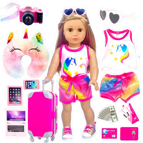 XFEYUE 23 Pcs American 18 inch Doll Clothes and Accessories - Suitcase Luggage , Pillow, Sunglasses, Camera, Passport, Mobile Phone , Computer Doll Travel Gear Play Set Fit 18 inch Doll (No Doll)
