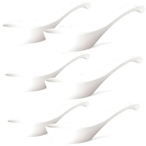 Wareland Asian Soup Spoons Set of 6, Ceramic Chinese Soup Spoons 7 Inch Japanese Spoon for Ramen Pho Dumpling Miso Wonton Noodles | Long Handle Flat Bottom Deep Oval Hook Design | White