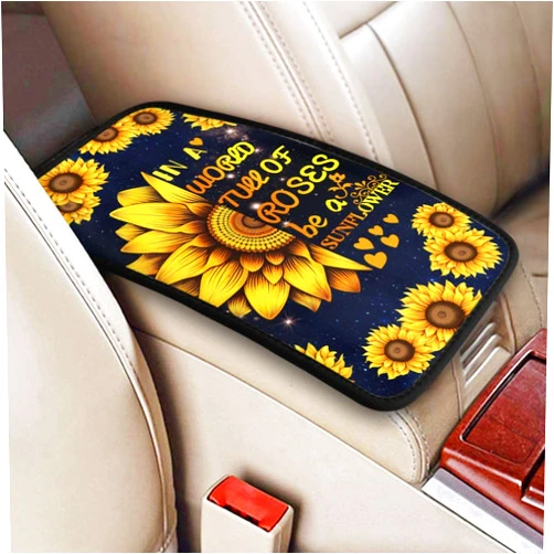 Indokyeyqaz Universal Car Center Console Cushion Pad, Yellow Sunflower Flowers Soft Waterproof Car Center Console Cover Auto Armrest Seat Box Cover Protector for Most Vehicle SUV Truck Car
