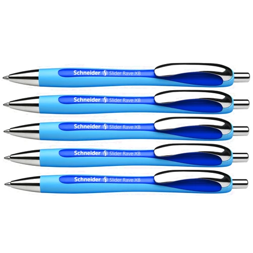 Schneider Slider Rave XB (Extra Broad) Ballpoint Pens, Refillable + Retractable, 1.4 mm, Light Blue Barrel, Blue Ink, Box of 5 Pens (132503)
