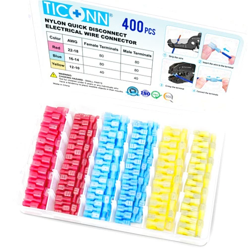 TICONN 400 Pcs Nylon Spade Quick Disconnect Connectors Kit, Electrical Insulated Terminals, Male and Female Spade Wire Crimp Terminal Assortment Kit