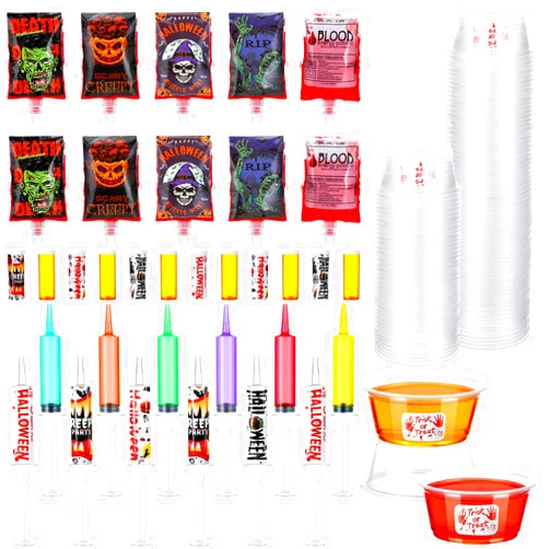 Seenelling 150 Pcs Halloween Party Supplies Include 32 Blood Bags for Drinks 46 Pcs 2 oz Cups 36 Syringes and 36 Pill Bottles with Lids for Halloween Vampire Nurse Decorations