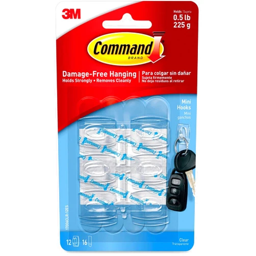 3M Command 17006CLRES Mini Hooks, w/Adhesive Strips,Holds 1/2 lb, 6/PK, Clear