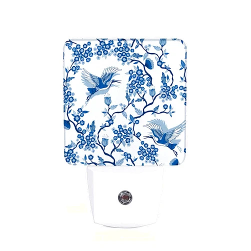 Chrobak LED Night Light,Classic Blue Crane Birds and Plants Chinese Pattern LED Night Light Plug into Wall with Dusk to Dawn Light Sensor White Energy Efficient Nightlight for Bedroom Hallway Kitchen
