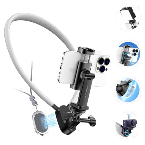 KJRIVER Magnetic Neck Phone Holder, POV/Vlog Recording Neck Mount Hand Free Tripod Chest Mount Compatible with iPhone 15， Samsung Android Phone, Action Cameras Like GoPro, Panoramic Camera