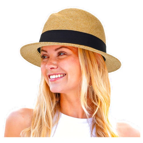 HinyBoeh Straw Fedora-Sun-Hats for Women Men Summer Short Brim Roll Up Trilby Hat Packable Panama-Jazz Beach Hat(Size:M)