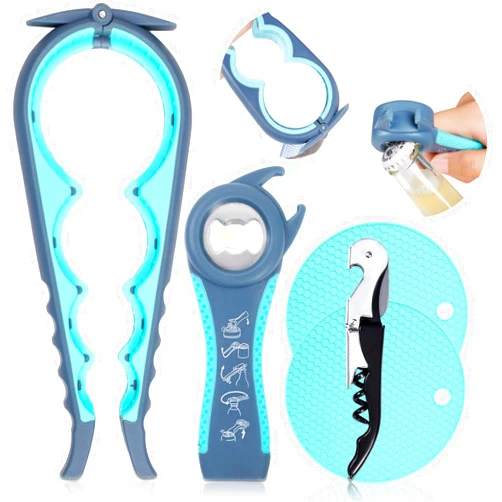 Lzzabo Jar Grip Opener 5 Pack, Multi Kitchen Tools Set for Weak Hands, Children, Seniors with Arthritis, Lid Opener for Children, with Silicone Handle (Blue)