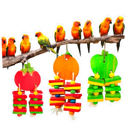 FidosFav Bird Parrot Chewing Toys Bird Beak Grinding Wood Block Colorful Fruit Swing Toy for Parakeet Budgie Cockatiel Cockatoo Conure Finch Lovebird African Grey