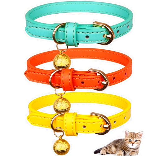 Jamktepat 3 Pack Leather Cat Collars with Bells Soft Pet Safety Collar Kitten Collars with Bell Orange Yellow Mint Green(XS)