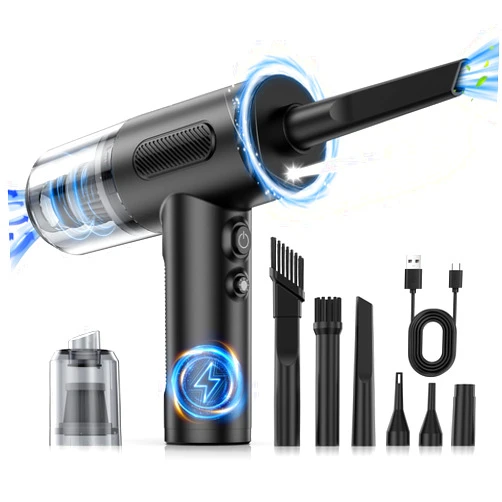 KOPIDOE Compressed Air Duster, 100000RPM Handheld Car Vacuum/Air Blower& Pump, 3 Gear Adjustable Electric Air Duster/Car Vacuum Cleaner, Keyboard Duster with LED Light-10 Kits Air Blower for Computer