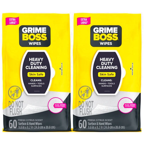 Grime Boss Heavy Duty Surface and Hand Wipes (2x60ct) | Wet Wipes Remove Paint, Oil, Grease, Adhesives, Mud, Dirt | Shop Wipes Replace Cleaners like Rags, Towels, Pumice, Soap