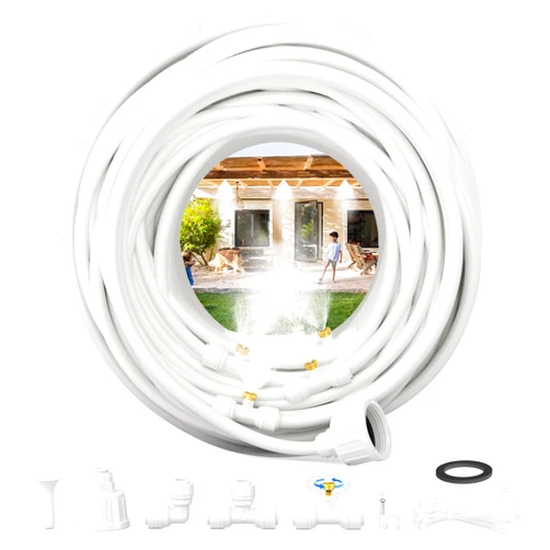 MISSIGO Misting Systems White, Outside Patio Misters, 100FT Misting Cooling System+30 Brass Mister System+2 PE Antioxidant Adapters 3/4