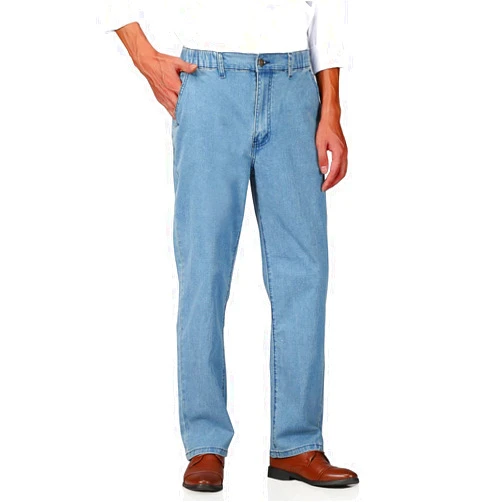 Soojun Mens Elastic Waist Jeans Relaxed Fit with Zipper and Button