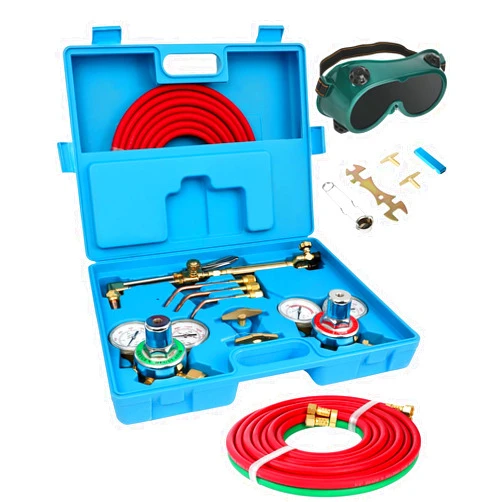 FAHKNS Oxy Acetylene Torch Kit Oxygen Cutting Kits Welding Torch Set Portable Professional Brazing Tool Set Cutting Torch Kit Oxyacetylene Welding with Regulator Gauges Goggles Two Hose & Blue Case