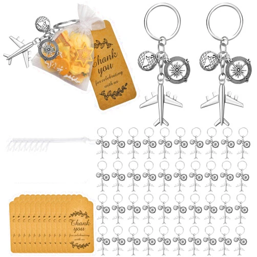 Henoyso 45 Pcs Airplane Keychain Party Favor, Including Airplane Compass Keychain with Thank You Tags, Organza Favor Bag for Party