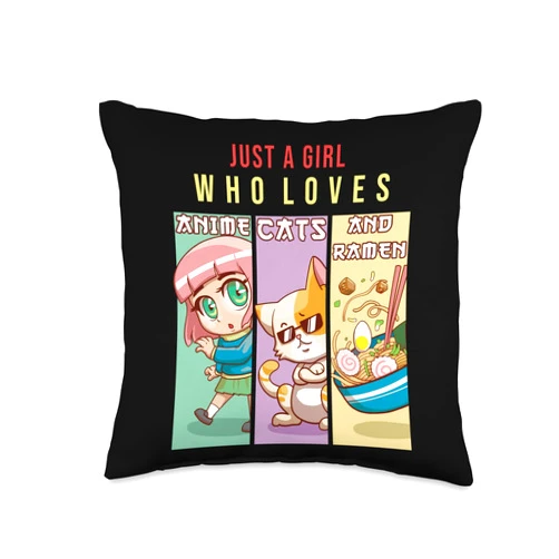 Cute Kawaii Japan Funny Foodie Cuisine Culture Fan Just A Girl Who Love Anime Cats & Ramen Japanese Otaku Nerd Throw Pillow, 16x16, Multicolor