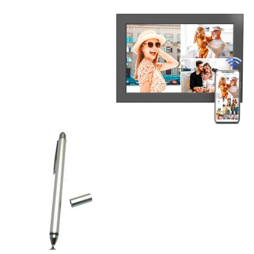 BoxWave Stylus Pen Compatible with FULLJA Digital Picture Frame (10.1 in) - DualTip Capacitive Stylus, Fiber Tip Disc Tip Capacitive Stylus Pen - Metallic Silver