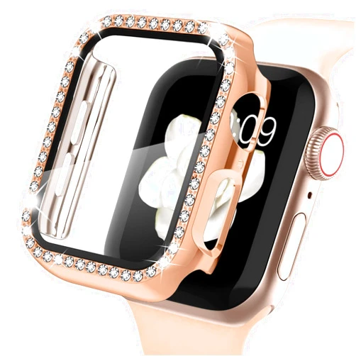 Recoppa Compatible for Apple Watch Case with Screen Protector 45mm Series 7, Bling Crystal Diamond Rhinestone Ultra-Thin Bumper Full Cover Protective Case for Women Girls iWatch Rosegold