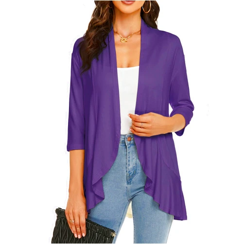 YnimioAOX Women's Cardigan Sweaters Lightweight Open Front 3/4 Sleeves Draped Ruffles Cropped Knit Slim Fit Cardigan