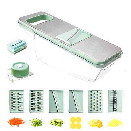Suuker Mandoline Slicer for Kitchen, Cheese Grater Vegetable Spiralizer and Veggie Slicer for Cooking, Food Slicer, Kitchen Gadgets Organizer Included (6 in 1, Green)