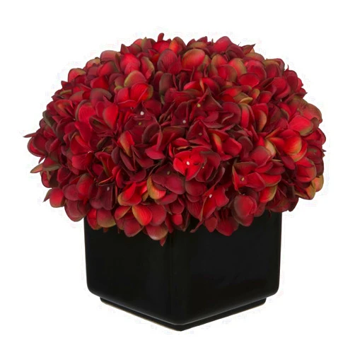 House of Silk Flowers Artificial Hydrangea in Large Black Cube Ceramic (Burgundy)