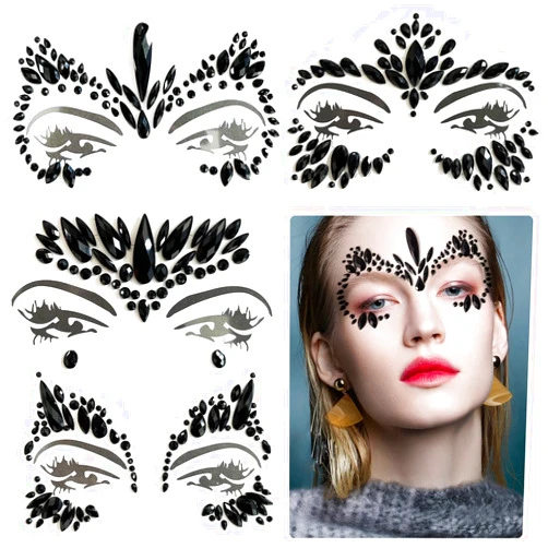 Kotbs Face Jewels, 4-Sheet Black Face Gems Mermaid Face Jewels Festival Sticker, Body Rhinestone Gems Rave Rainbow Face Crystals for Halloween Music Carnival Festival Party Makeup