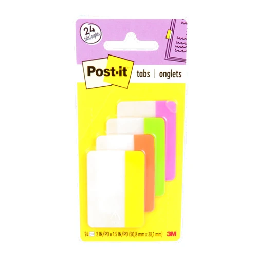 Post-it Sticky Tabs, 2 in. x 1.5 in., 4 Pads of Book Tabs in Assorted Bright Colors for Bookmarking, Annotating, Reading, and Reminders, Yellow, Pink, Orange, and Green Colors (24 Total Count)