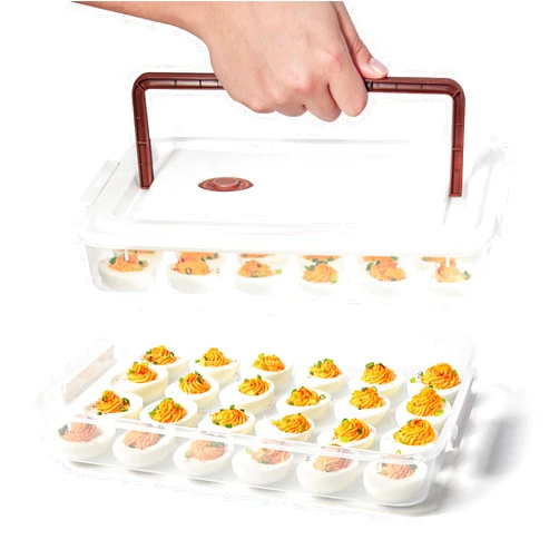 PIUGERU Deviled Egg Containers with Lid, (Set of 2), Plastic Deviled Egg Tray Carrier with Handle for 48 Eggs, Clear Storage Egg Platter for Devil Egg, Fridge Stackable Portable Egg Holder