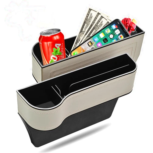 Jiaji Car Seat Gap Filler Organizer, 2 Pack Multifunctional Car Seat Organizer, Auto Console Side Storage Box with Cup Holders 2 Seat Hooks for Drink, Car Organizer Front Seat for Holding Phone, Sunglasses