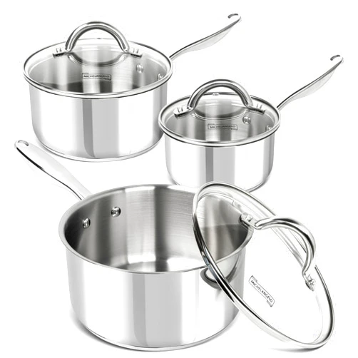 MICHELANGELO Saucepan Set 6pc, 18/10 Stainless Steel Sauce Pan with Lid, Tri-Ply Bottom Sauce Pot Set, Nonstick Saucepan, Induction Compatible, 1QT & 2QT &3QT
