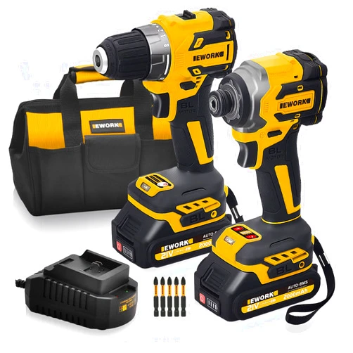EWORK Compact Cordless Drill and Impact Driver Combo Kit 21V Brushless Power Tool Set with (2) 2.0Ah Batteries and Fast Charger, Tool Bag (EKC-1018)