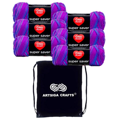 Red Heart Super Saver Grape Fizz E300B-3931 (6-Skeins - Same Dye Lot) Worsted Medium #4 Acrylic Yarn for Crocheting and Knitting with Project Bag