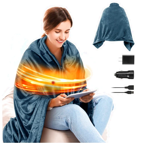 Mefine USB Heated Blanket, Heated Blanket Battery Powered, Wearable Heated Shawl Wraps for Office, Electric Heating Lap Blanket Throw with Car Charger, Blue (Battery is Not Included)