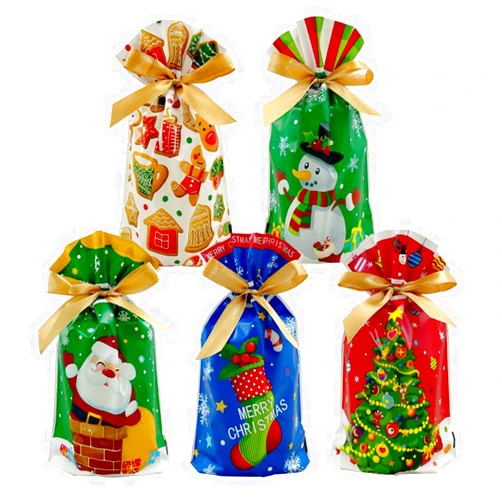VIFOME 25 Pcs Christmas Favor Bags Santa Gift Bags Colorful Xmas Treat Bags Plastic Drawstring Bags Candy Goodies Bags Gift Wrapping Bags Christmas Party Decoration