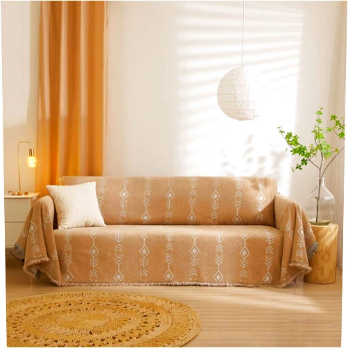 VClife Boho Couch Cover Soft Pet-Friendly Chenille Sofa Slipcover for Dog Cat, Chic Simple Khaki Coffee White Herringbone Plaid Geometric Jacquard Sofa Cover for 3-4 Cushion Couch Sofa with Tassels