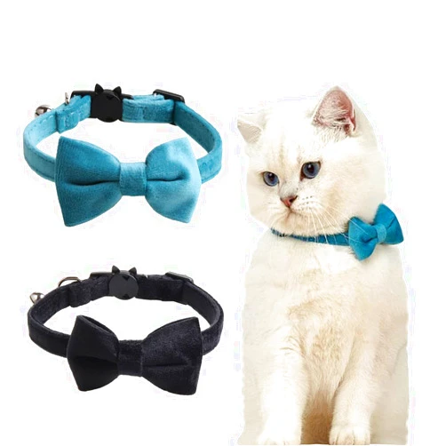 JiangYanus 2 Pack Breakaway Cat Collars with Bell and Bowtie Comfortable Velvet Cat Collar with Cute Safety Buckle Adjustable Pet Collar for Kitty Kitten Puppy Neck Accessories for Daily Wearing Kitten