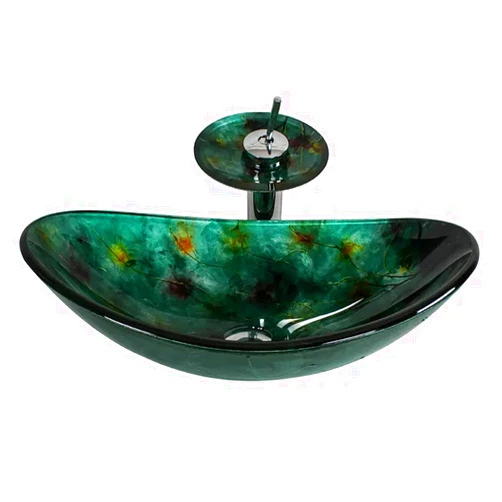 ASCDAP Oval Bathroom Vessel Sink,Green Tempered Glass Vessel Sink, Above Counter Top Mount Bathroom Vanity Wash Bowl with Waterfall Faucet And Pop Up Drain