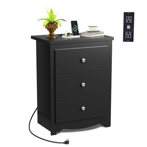 WLIVE Tall Nightstand with Charging Station, Wood Night Stand with 3 Drawers Storage, Bedside Table End Side Tables with 2 USB Ports and Outlets for Bedroom, Closet, Black