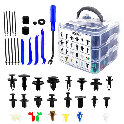 GLK 835 PCS Car Push Retainer Clips and Plastic Fasteners Kit - 24 Sizes Nylon Bumper Fender Clips Plastic Rivets with Fasteners Removal Tool for Toyota GM Ford Honda Acura Chrysler Blue