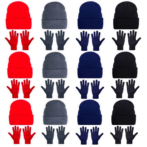 Pistha 24 Pack Beanie Hats and Gloves Set, Knit Skull Caps and Winter Gloves Bulk for Men Women Warm Gift